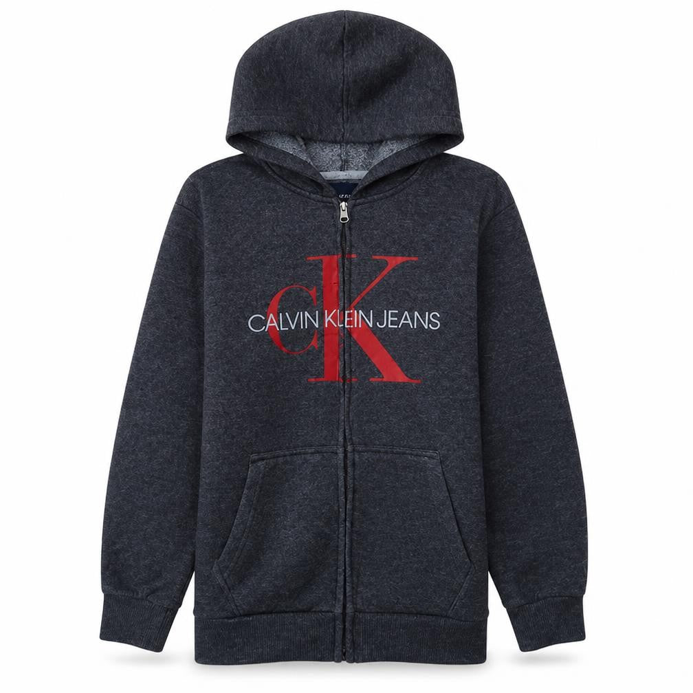 Front view of Calvin Klein Jeans Teens Grey Full Zip Logo Hoodie 14 Plus