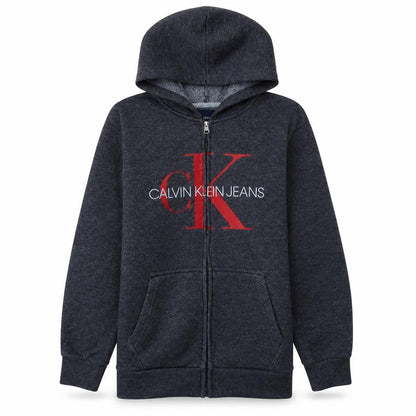Front view of Calvin Klein Jeans Teens Grey Full Zip Logo Hoodie 14 Plus