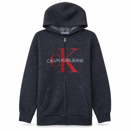 Front view of Calvin Klein Jeans Teens Grey Full Zip Logo Hoodie 14 Plus