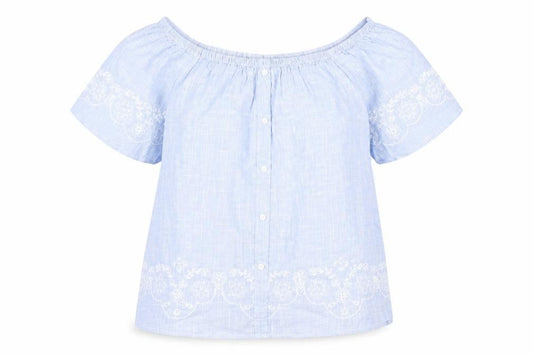 Dunnes Stores Women’s Blue Embroidered Off Shoulder Blouse Size 8