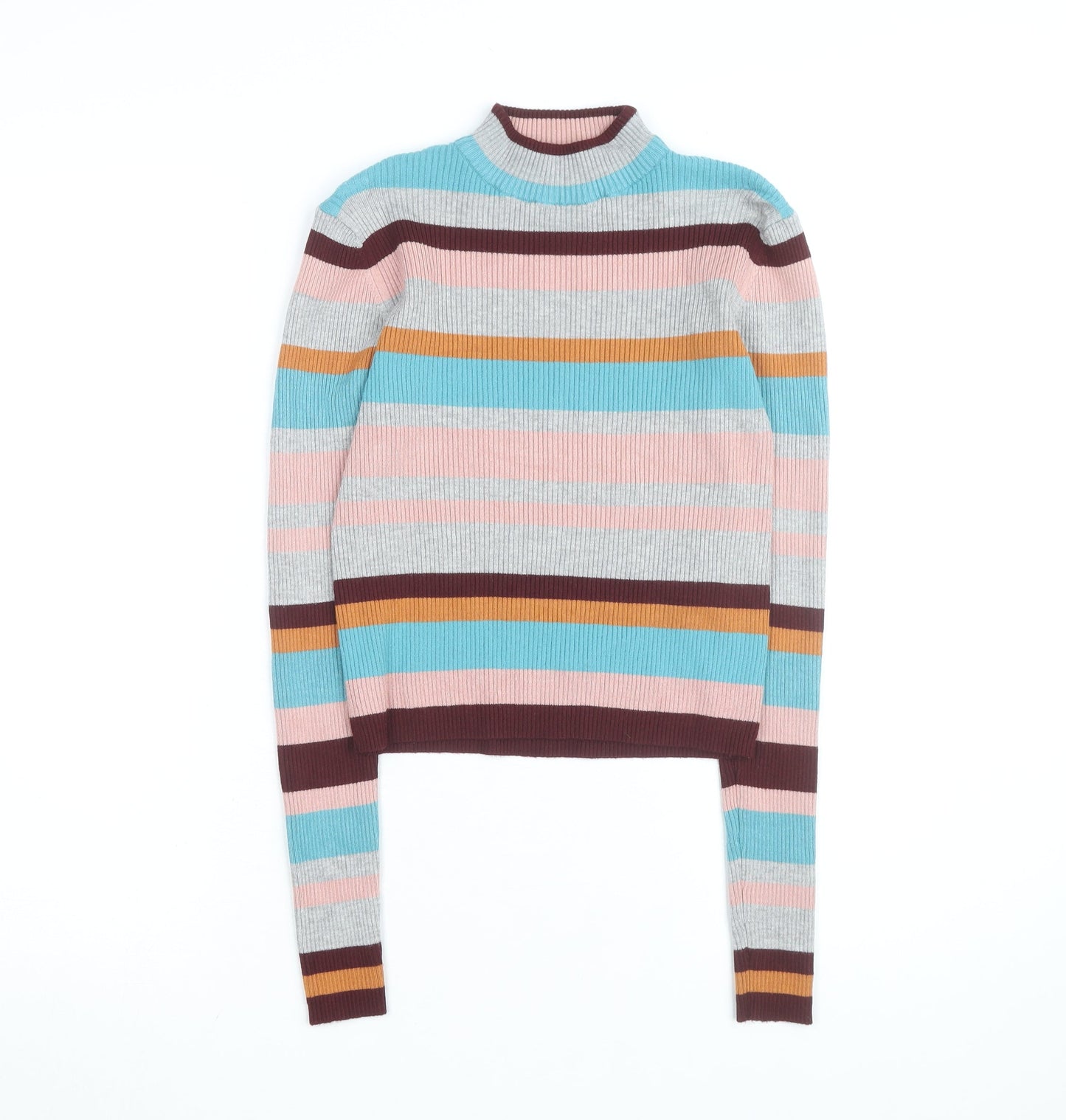 Pull & Bear Women's Multicoloured Striped Mock Neck Knit Top Size 10