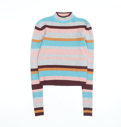 Pull & Bear Women's Multicoloured Striped Mock Neck Knit Top Size 10