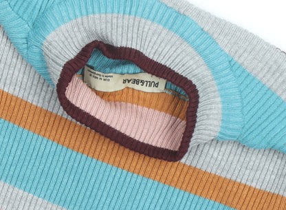 Pull & Bear Women's Multicoloured Striped Mock Neck Knit Top Size 10
