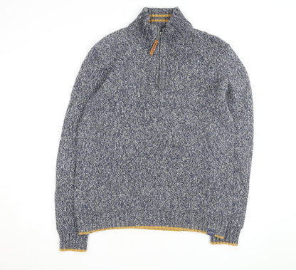 Fat Face Men Blue Chunky-Knit 1/4 Zip Jumper L Wool Cotton