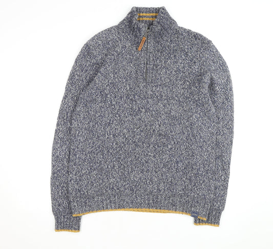 Fat Face Men Blue Chunky-Knit 1/4 Zip Jumper L Wool Cotton