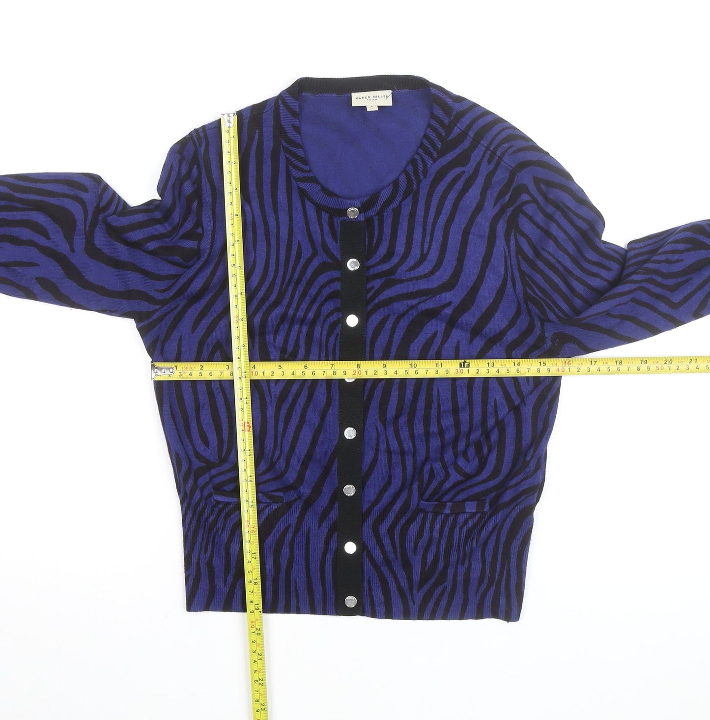 Karen Millen Women's Blue Animal Print Button-Up Knit Top Size 4