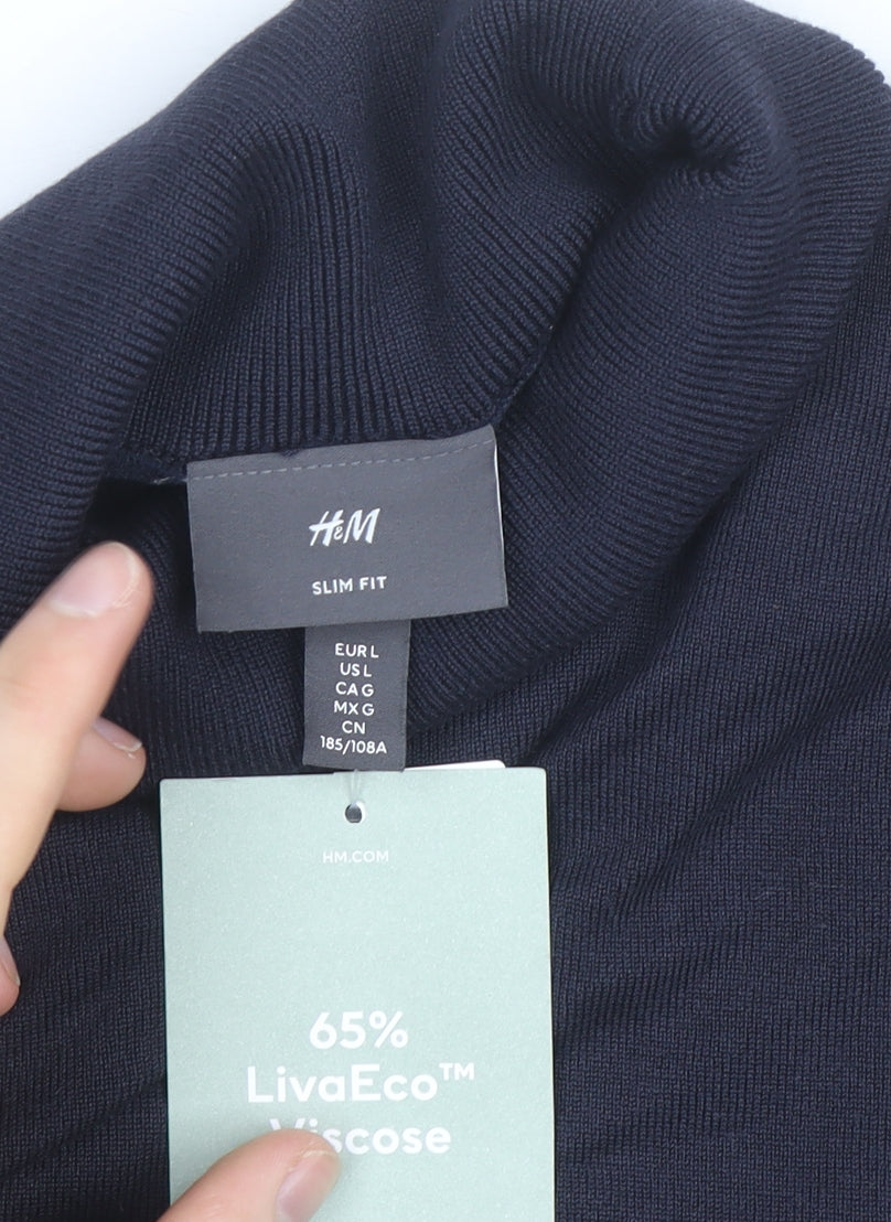 H&M Men's Blue Slim Fit Roll Neck Knit Jumper L