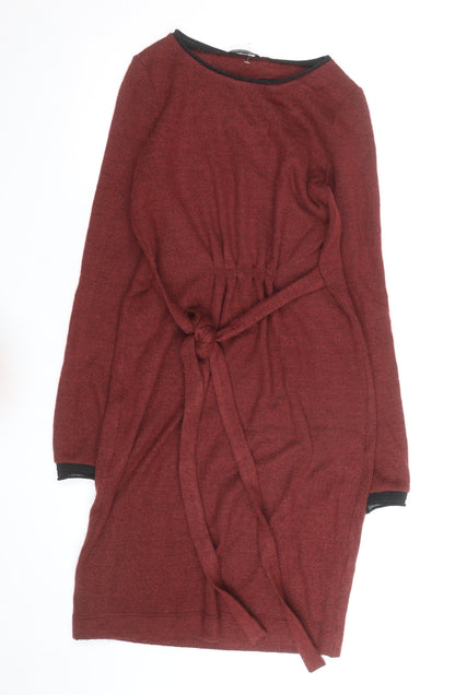 Féria Women Red Knit Jumper Dress Size 10 Belted Long Sleeve