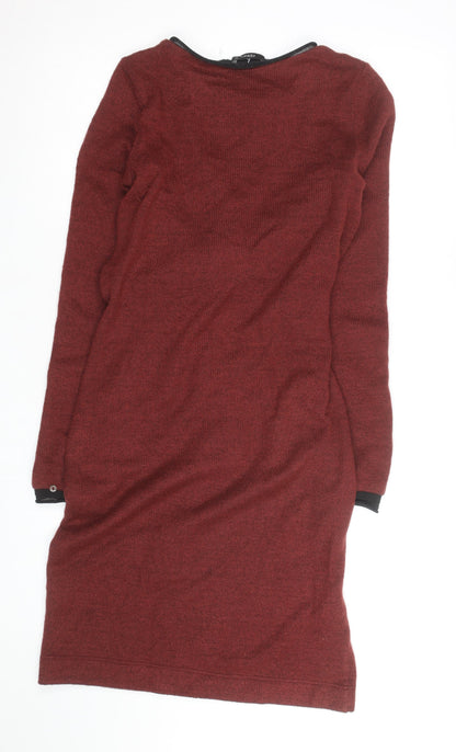 Féria Women Red Knit Jumper Dress Size 10 Belted Long Sleeve