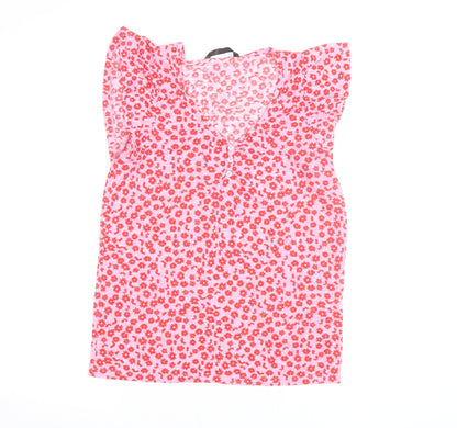 Dunnes Stores Women’s Pink Floral Ruffle Sleeveless V-Neck Blouse Size S