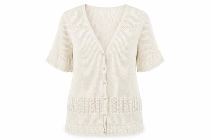 Gollehaug Women Beige Knit Short Sleeve V-Neck Blouse Size 16