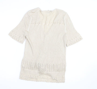 Gollehaug Women Beige Knit Short Sleeve V-Neck Blouse Size 16