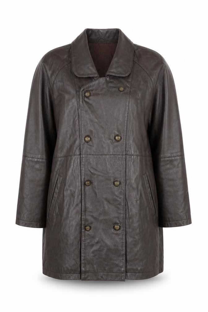 Classic Woman Brown Leather Long Coat Size 16 Lined Button Front