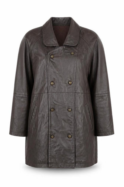 Classic Woman Brown Leather Long Coat Size 16 Lined Button Front