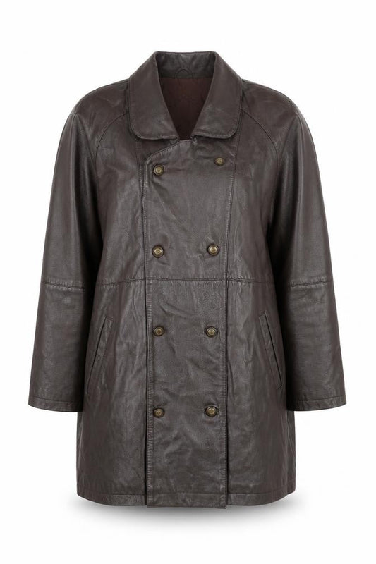 Classic Woman Brown Leather Long Coat Size 16 Lined Button Front