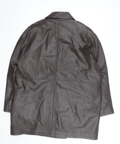 Classic Woman Brown Leather Long Coat Size 16 Lined Button Front