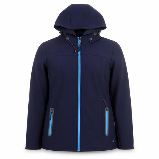 Front view of Dash Thermal Comfort Blue Soft Shell Hooded Jacket unisex, size 14