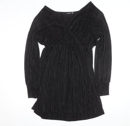 Boohoo Women’s Black Velour Wrap Dress Size 16 Long Sleeve
