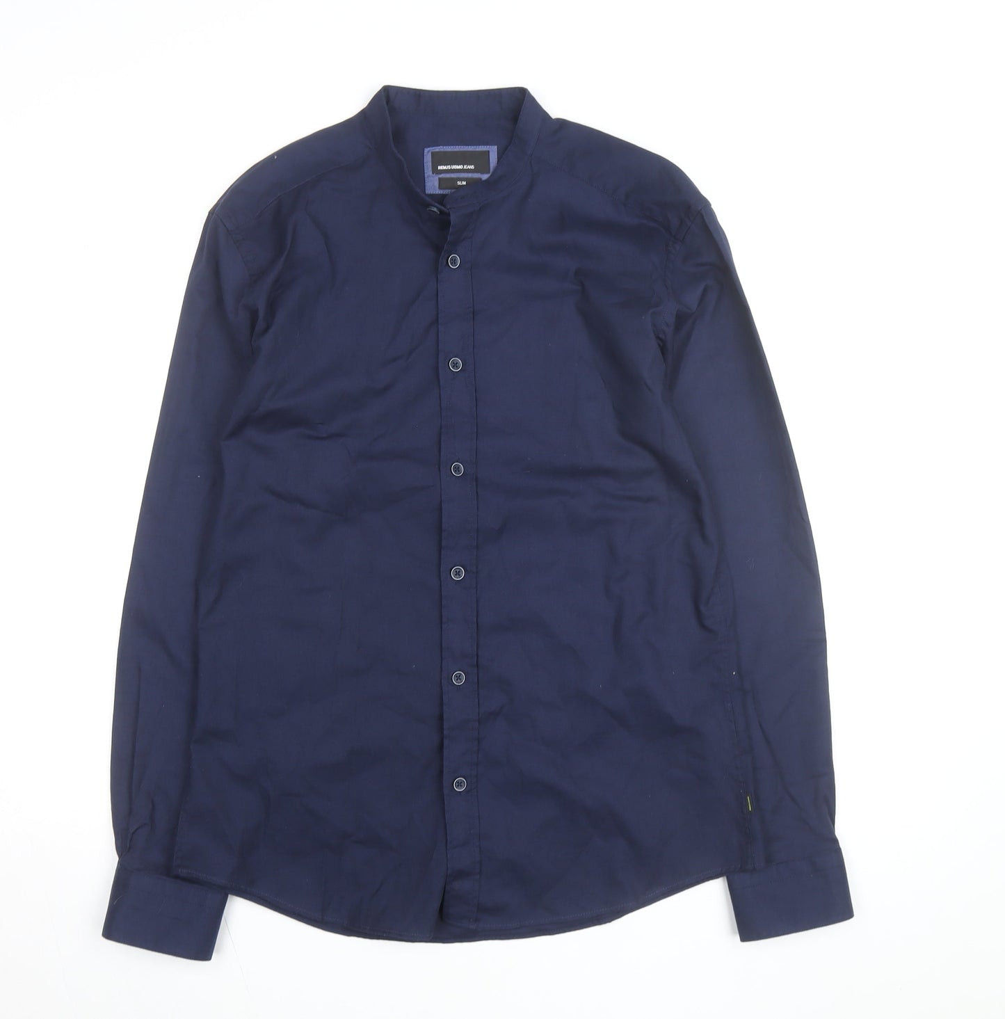 Remus Uomo Jeans Men's Blue Slim Fit Band Collar Long Sleeve Shirt Size 17.5