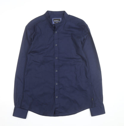 Remus Uomo Jeans Men's Blue Slim Fit Band Collar Long Sleeve Shirt Size 17.5