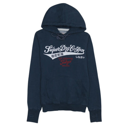 Superdry Women Navy Blue Pullover Hoodie M Graphic Cotton Blend