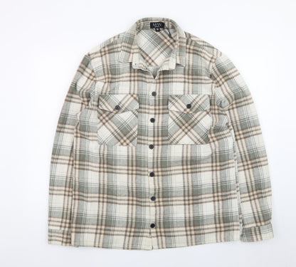 boohooMAN Men's Beige Check Flannel Shirt Jacket Medium Regular Fit