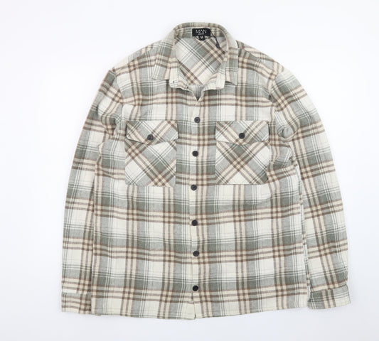 boohooMAN Men's Beige Check Flannel Shirt Jacket Medium Regular Fit
