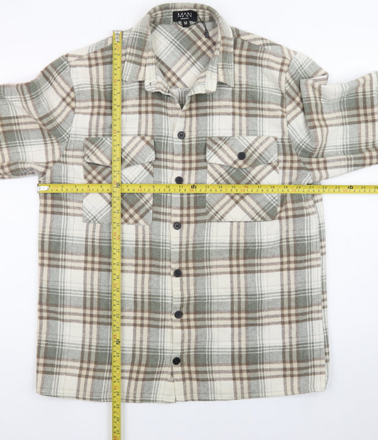 boohooMAN Men's Beige Check Flannel Shirt Jacket Medium Regular Fit
