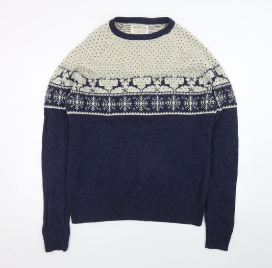 White Stuff Men's Blue Fair Isle Wool Pullover Jumper XL