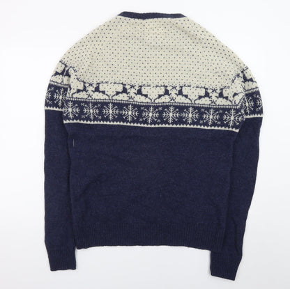 White Stuff Men's Blue Fair Isle Wool Pullover Jumper XL