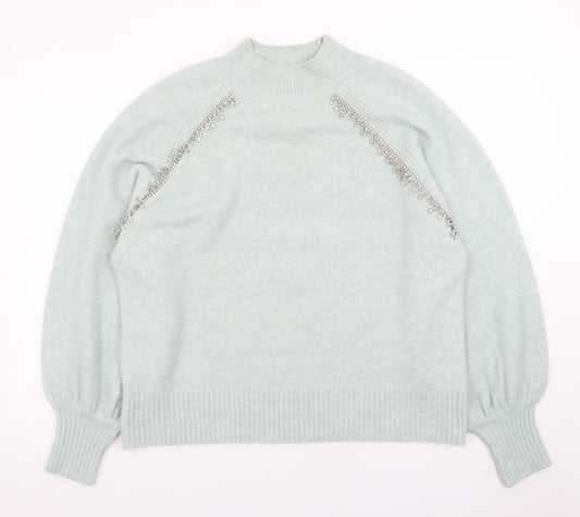 River Island Women's Green Beaded Mock Neck Jumper UK 14