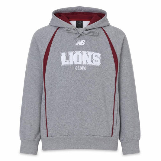 Front view of New Balance boys’ grey lions pullover hoodie, size 14, years