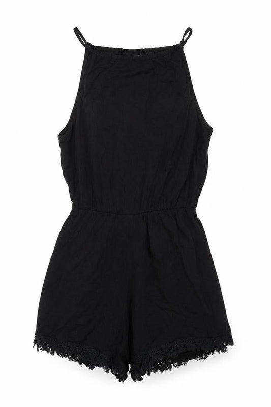 Front view of ASOS Women Black Halter Lace Hem Sleeveless Playsuit, size 8