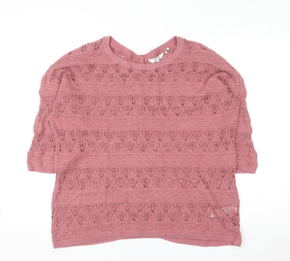 FatFace Women Pink 12 Knit Button Back Short Sleeve Cotton Jumper