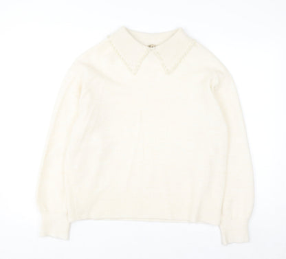 Soyaconcept Women’s Ivory Collared Beaded Pullover Jumper M