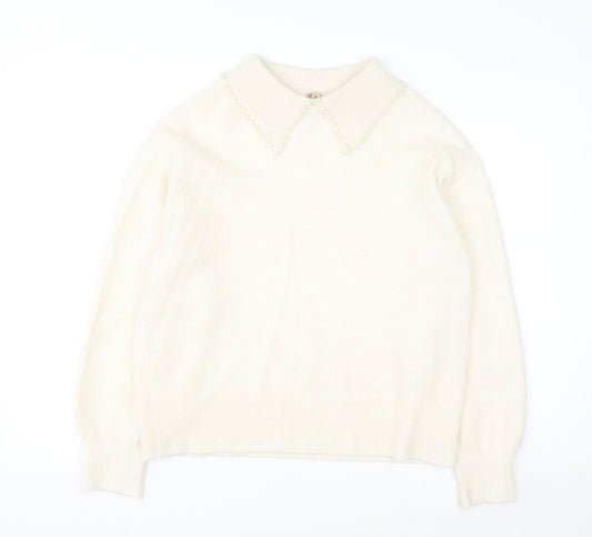 Soyaconcept Women’s Ivory Collared Beaded Pullover Jumper M