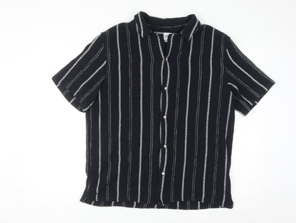 Zara Men Black Striped Cotton Blend Short Sleeve Button-Up Shirt L