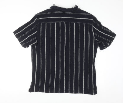 Zara Men Black Striped Cotton Blend Short Sleeve Button-Up Shirt L