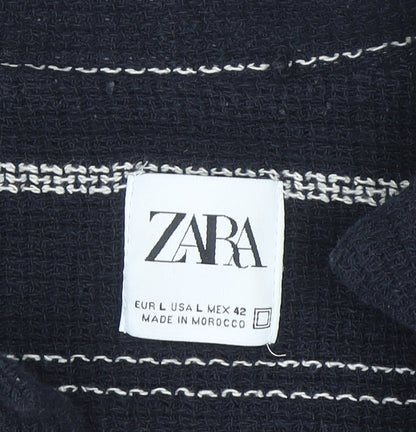 Zara Men Black Striped Cotton Blend Short Sleeve Button-Up Shirt L