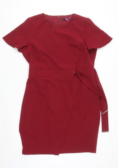 Very Women Red Sheath Belted Knee Length Dress Size 20