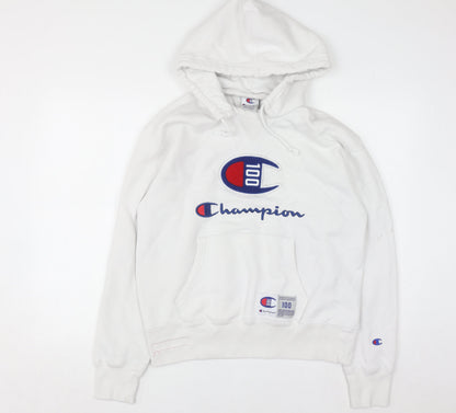 Champion Men's White Pullover Hoodie Medium Embroidered Logo Sweatshirt