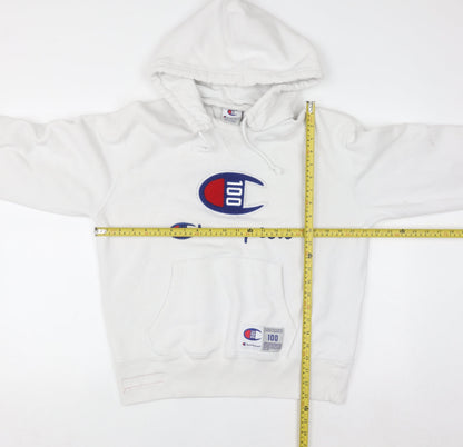Champion Men's White Pullover Hoodie Medium Embroidered Logo Sweatshirt