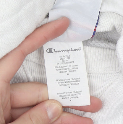 Champion Men's White Pullover Hoodie Medium Embroidered Logo Sweatshirt