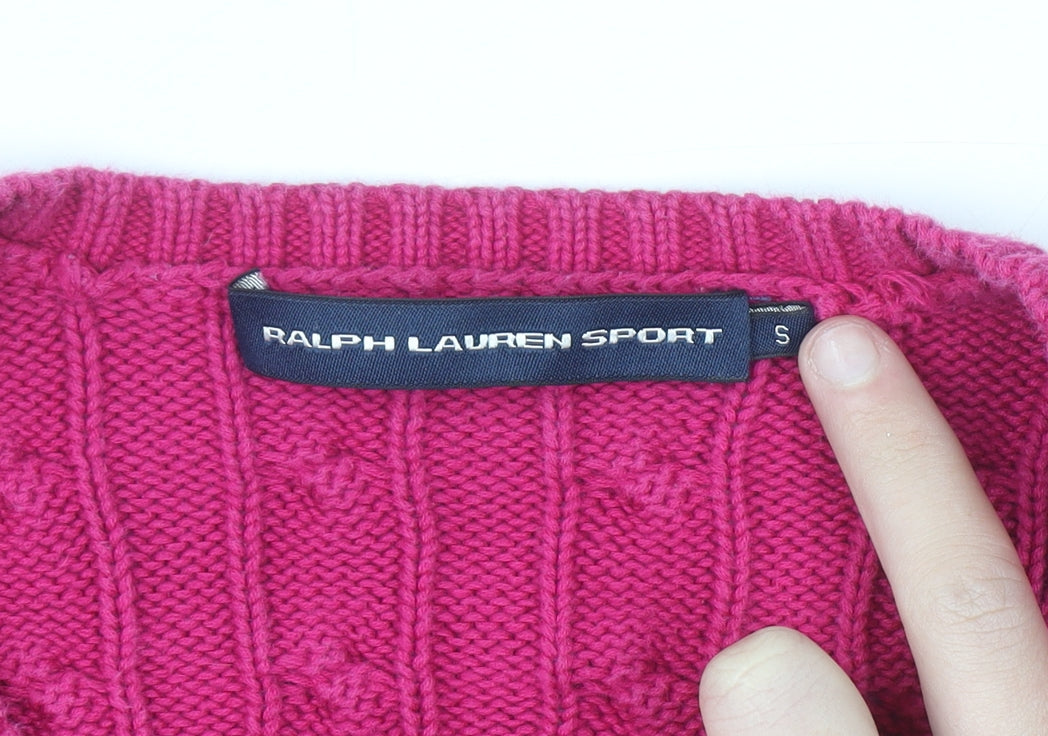 Ralph Lauren Sport Women's Pink Cable-Knit V-Neck Jumper Size S