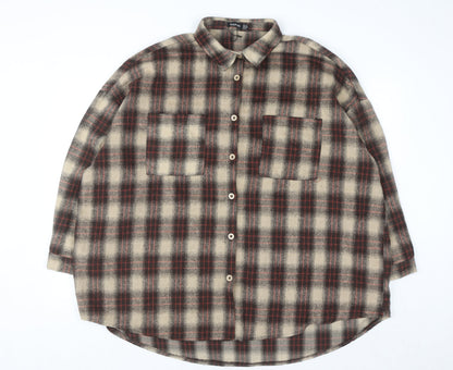 Boohoo Women’s Brown Checked Long Sleeve Flannel Button-Up Shirt UK 14
