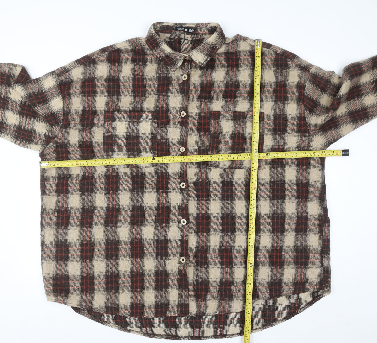 Boohoo Women’s Brown Checked Long Sleeve Flannel Button-Up Shirt UK 14