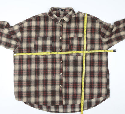 Boohoo Women’s Brown Checked Long Sleeve Flannel Button-Up Shirt UK 14