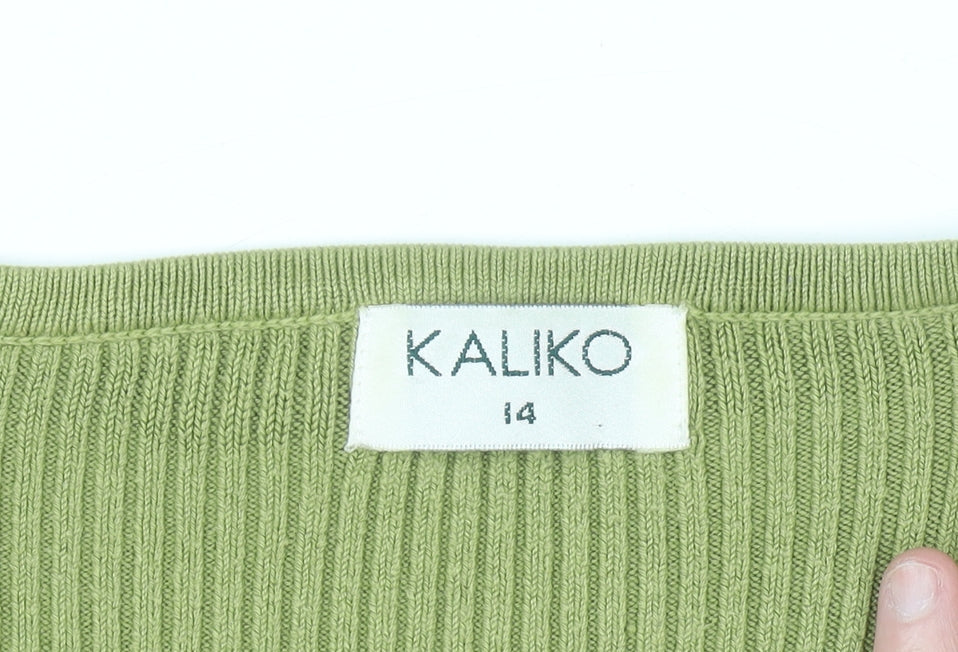Kaliko Women Green Button Cardigan UK 14 V-Neck Ribbed Knit