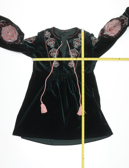 Zara Women Green Velvet Bohemian Embroidered Long Sleeve Short Dress S