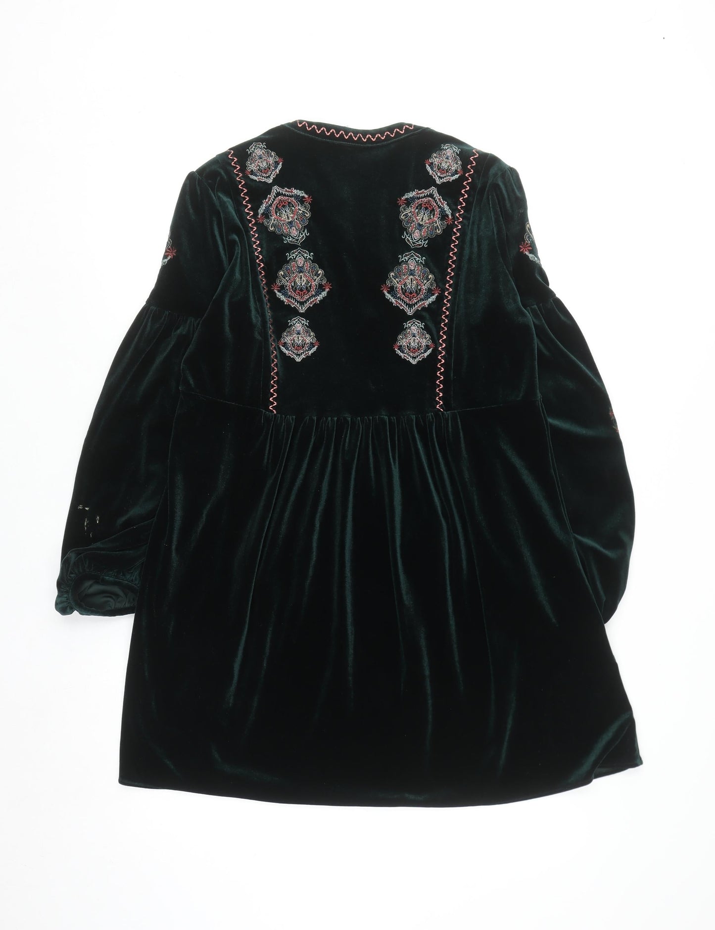 Zara Women Green Velvet Bohemian Embroidered Long Sleeve Short Dress S